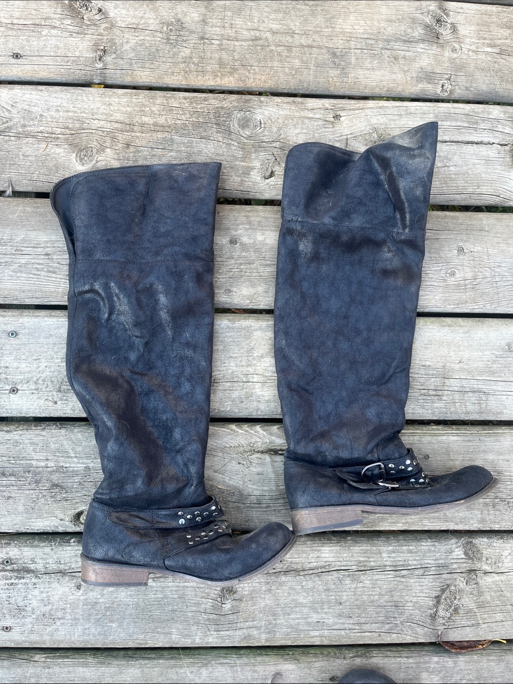 Tall Studded Strap Over Knee Boots - Rock Chic Black Size 8